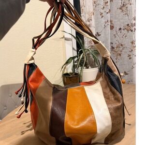 Multicolor Patchwork Hobo Bag Orange Brown  Look Tassel Shoulder Bag